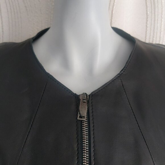 NWT ZARA Leather Jacket Large Black Round Neck Dressy Edgy Peplum Back - Picture 4 of 12
